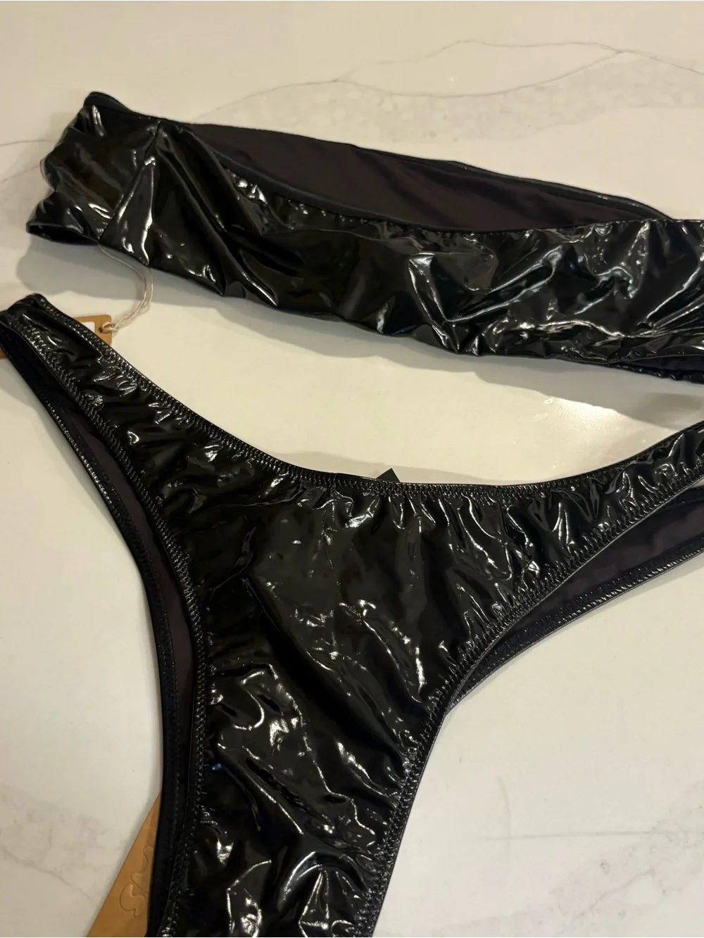 NWT SKIMS  Patent Faux Leather Swim Micro Tanga Bottom and Micro Bandeau Top Ony